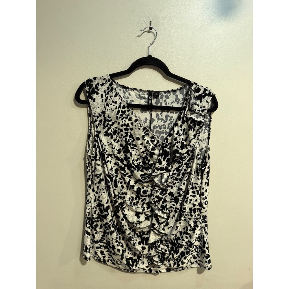 Milano Women XL Black White Animal Print Ruffle Ruched V-Neck Sleeveless Top